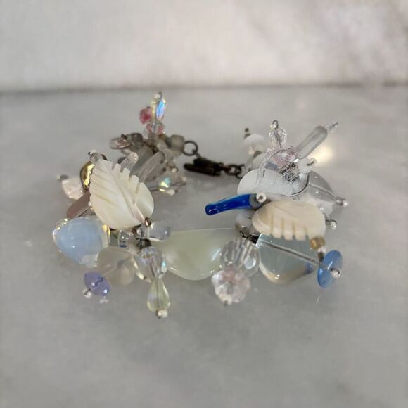 Artisan Glass Beads & Hand Carved Mother of Pearl Toggle Bracelet White and Blue - Picture 2 of 3